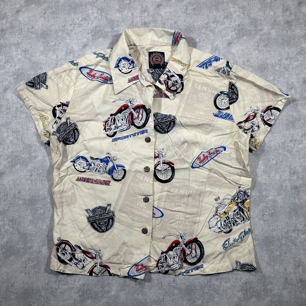 Harley Davidson Motorcycle Hawaiian Rayon Cream Grahpic Button up Womens M